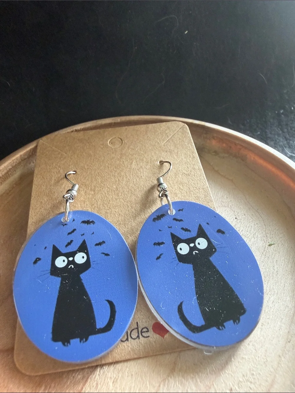 Handmade Blue Cat Earrings with Black Cat Design